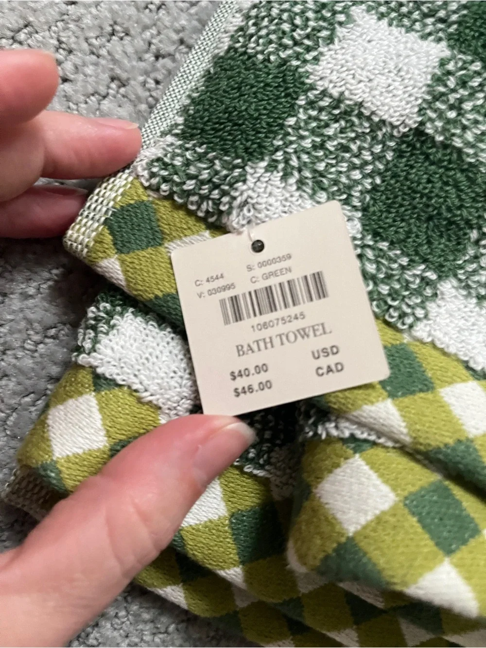 Anthropologie Green and White Gingham Bath Towels